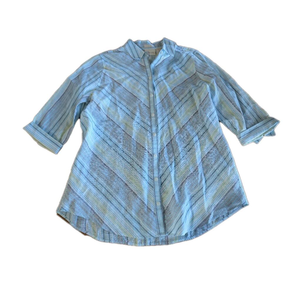 Chico's Button Shirt Size 1 Medium Pastel Striped Tunic Top Linen No Iron EUC